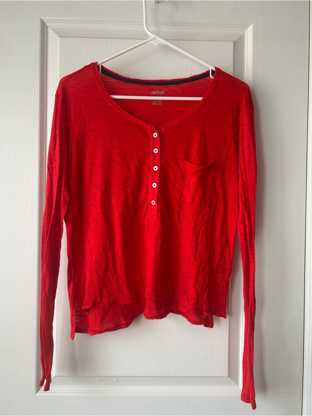 aerie Red Long-Sleeve Henley Top with Pocket